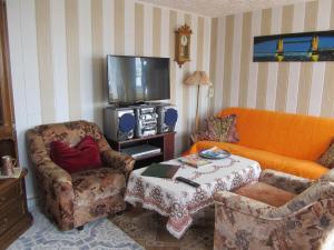 a living room with a couch and a tv at zum Wiesengrund im Oderbruch in Altglietzen