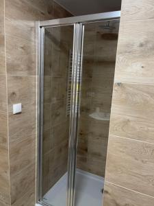 a shower with a glass door in a bathroom at Apart Domek Lądek Zdrój in Lądek-Zdrój