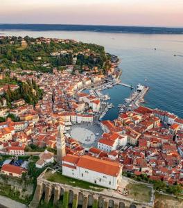 an aerial view of a town by the water at Vila Piranesi Apartments - Parking included in Piran