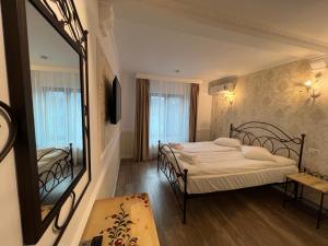 Pokój hotelowy z 2 łóżkami i lustrem w obiekcie Hotel Boutique Cathedral Plaza Residences room for rent downtown w Bukareszcie