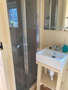 a bathroom with a sink and a shower at Neddys Rest Luxury Horsebox Stay in Battle