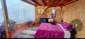 托塔GLAMPING Aldea Muisca的卧室里有一张大床，床上铺着紫色的毯子