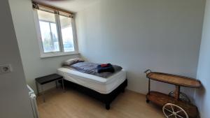 a small room with a bed and a window at Bright appartment in Egilsstaðir