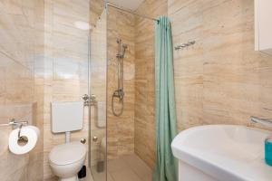a bathroom with a shower and a toilet and a sink at Apartment Daisy in Vantačići +37 photos