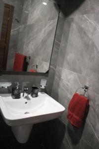 une salle de bain avec un lavabo blanc et un miroir dans l'établissement Seaside Accomodation, à Marsaskala