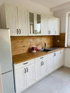 una cucina con armadi bianchi, lavandino e frigorifero di Apartament Hallera a Gdynia