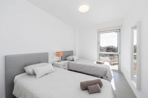 2 camas en una habitación blanca con ventana en MEDANO4YOU Scotts Place, en El Médano