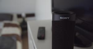 a black sony speaker sitting next to a tv at Berkies in Steenokkerzeel