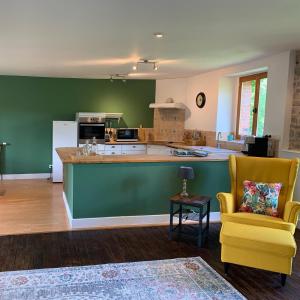 a kitchen with green walls and a yellow chair at Les Rouges Terres Gites - La Vieille Grange in Saint-Amand