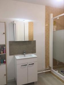 a white bathroom with a sink and a shower at Appartement T3 à la Seyne sur mer in La Seyne-sur-Mer