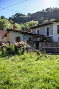 uma casa branca com flores na relva em Casa Clarita em Caño