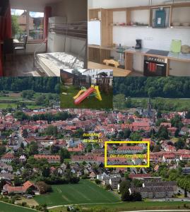a collage of four pictures of a town with houses at Gästehaus in der Friedensfabrik in Wanfried