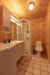 uma casa de banho com um WC, um chuveiro e um lavatório. em Beautiful cabin close to activities in Trysil, Trysilfjellet, with Sauna, 4 Bedrooms, 2 bathrooms and Wifi em Trysil