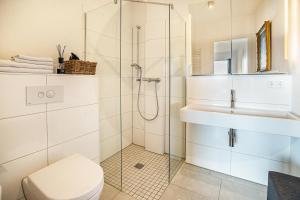 a bathroom with a shower and a toilet and a sink at Weserloft 16 in Bremen