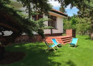 two chairs sitting in the grass in front of a house at Apart Hostel S8 in Blizne Jasińskiego