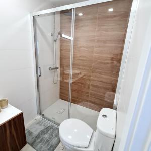 uma casa de banho com um chuveiro e um WC. em S. Soares T3 Setúbal em Setúbal