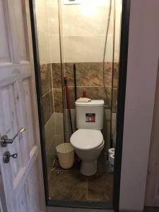 een kleine badkamer met een toilet in een douche bij APARTMEN PRAHA in Praag