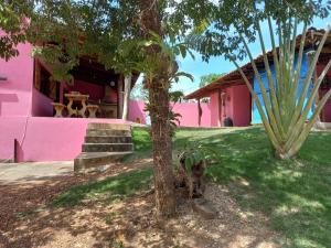 una casa rosa con un árbol en el patio en Guest House Recanto da Mata - BONITO - MS en Bonito