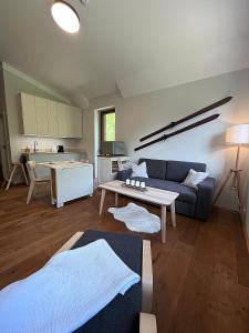 ein Wohnzimmer mit einem Sofa und einem Tisch in der Unterkunft Apartmán HYGGE Bratrouchov in Jablonec nad Jizerou