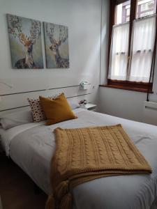 Un dormitorio con una cama con una manta. en Instituto 2º, en Gijón
