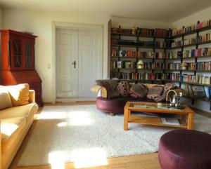 a living room with a couch and a book shelf at Gutshaus Pinnow in Pinnow