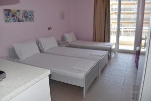 sala de estar con 2 camas y ventana en Giorgos-Fenia Apartments, en Paralia Katerinis