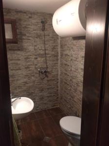 een badkamer met een toilet, een wastafel en een douche bij Guest house Smolyan in Smolyan