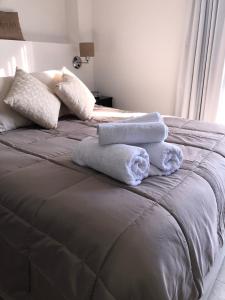 a bed with towels sitting on top of it at Studio Coirón in Comodoro Rivadavia
