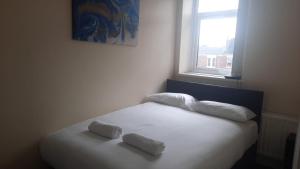 uma cama branca com duas almofadas e uma janela em Alexander Apartments City North em Newcastle upon Tyne