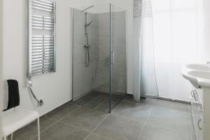 ein Bad mit einer Dusche und einem Waschbecken in der Unterkunft Spálený mlýn v Národním parku Podyjí in Znojmo