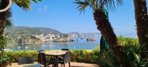 a table and chairs with a view of the water at La Limonaia a mare in Ponza