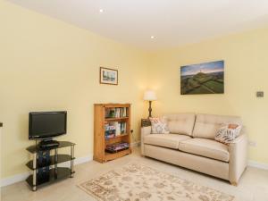 a living room with a couch and a tv at Long Batch Cottage in Shepton Mallet