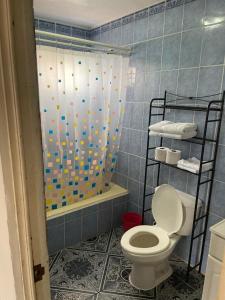 a bathroom with a toilet and a shower curtain at Playa El Obispo B La Marea building La Libertad in La Libertad