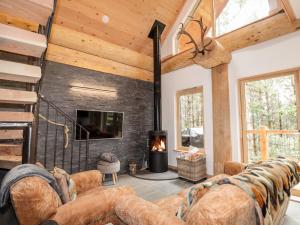 a living room with a couch and a fireplace at Pine Marten Lodge in Grantown on Spey