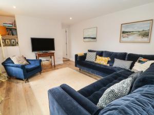a living room with blue couches and a flat screen tv at 1 Castle Cottages in Exeter