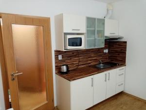 a small kitchen with a sink and a microwave at Apartmán v Lipně nad Vltavou 25 in Lipno nad Vltavou
