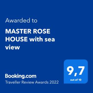 Et logo, certifikat, skilt eller en pris der bliver vist frem på MASTER ROSE HOUSE with sea view