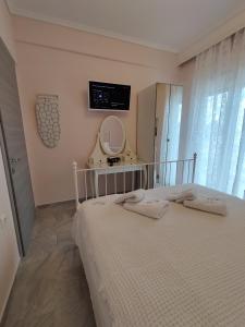 um quarto com uma cama com um espelho e uma televisão em Eva Beach Apartment em Néa Péramos