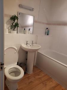 a bathroom with a toilet and a sink and a tub at Gracenote Properties Hemel Hempstead - serviced apartment with FREE parking in Hemel Hempstead