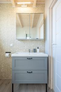 ein Badezimmer mit einem weißen Waschbecken und einem Spiegel in der Unterkunft Saint Wicie in Darłowo