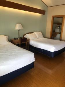 a hotel room with two beds and a lamp at Executive Motel in Old Orchard Beach