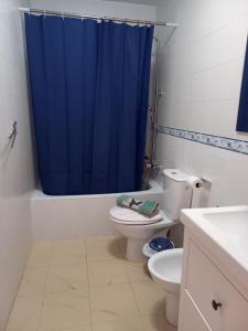 La salle de bains est pourvue d'un rideau de douche bleu et de toilettes. dans l'établissement Bella Vita, à Costa de Antigua