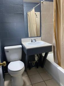 a bathroom with a white toilet and a sink at Budget Inn in Mineola