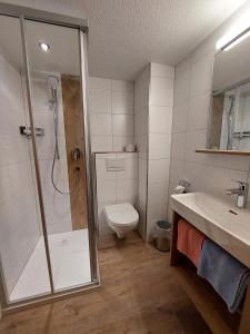 a bathroom with a shower and a toilet and a sink at Gästehaus Rita in Sankt Anton am Arlberg