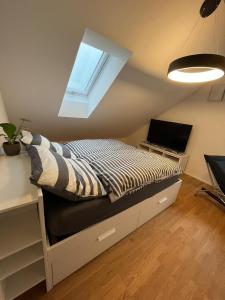 TV a/nebo společenská místnost v ubytování Traumhafte neue Dachterrassenwohnung am Soyener See