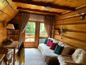 ブコビナ・タトシャンスカにあるSkalnica Pokoje Gościnneのカラフルな枕が付いたソファが備わる客室です。