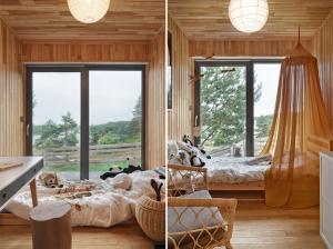 two pictures of a bedroom with a bed and a window at domki w lesie Gdańsk 35 km in Bożepole Królewskie