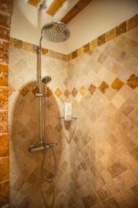 Les Manaux en Provence في Roquevaire: دش في حمام البلاط مع رأس دش +57 صورة