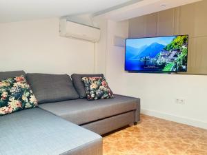een woonkamer met een bank en een flatscreen-tv bij APARTAMENTO TURISTICO ATICO LA TABERNA in Arenas de San Pedro
