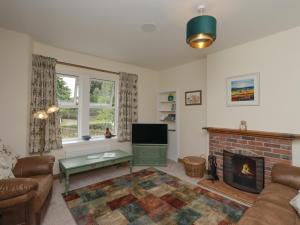 a living room with a fireplace and a tv at Lucys cottage in Canonbie